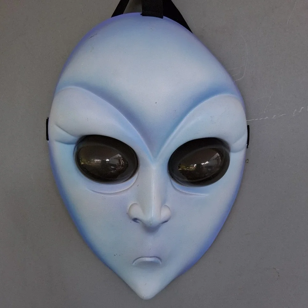 Creepy Blue Space Alien Bulging Eyes Halloween Mask EUC